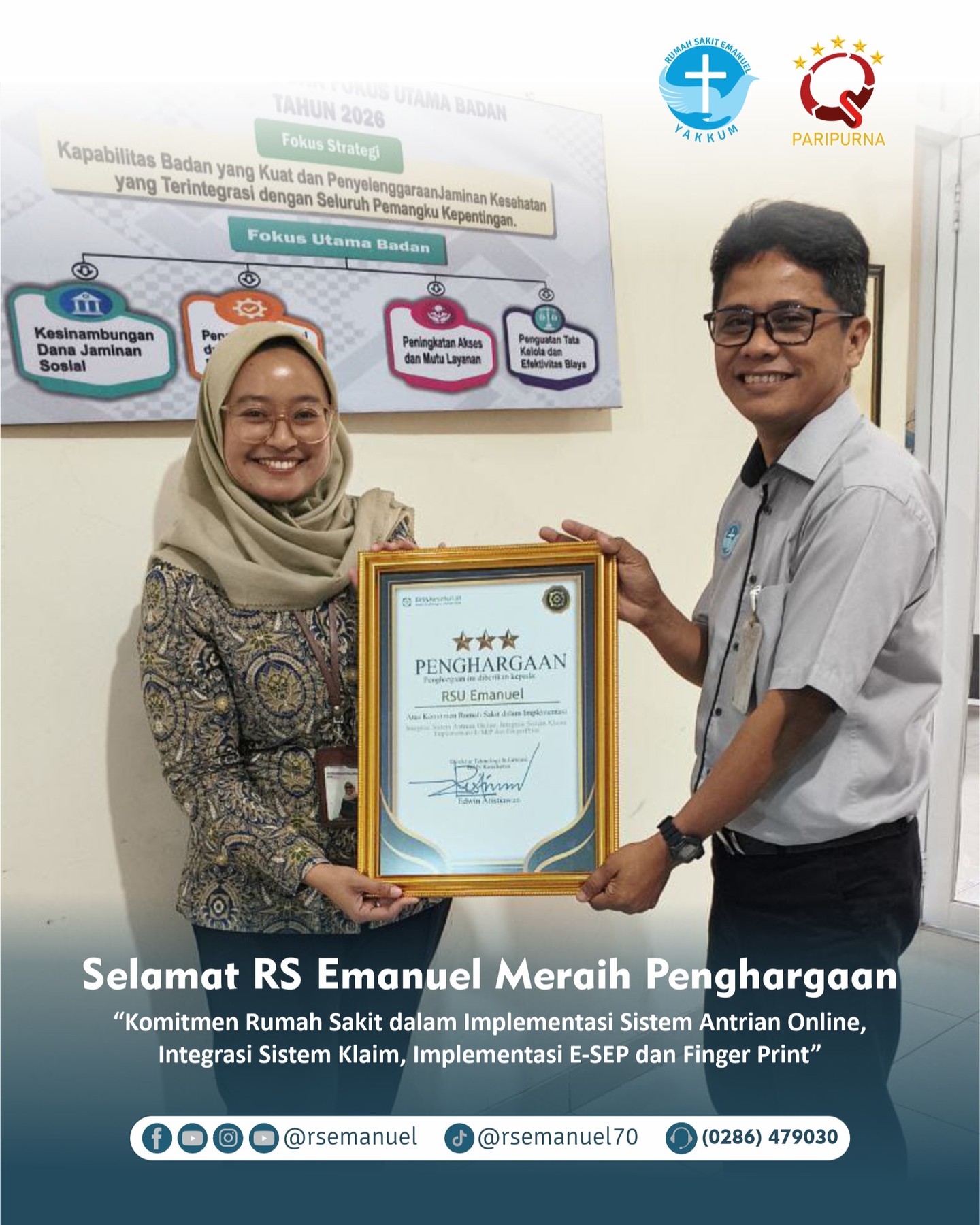 Penghargaan BPJS Kesehatan untuk RS Emanuel atas Implementasi E-SEP dan Sistem Antrian Online