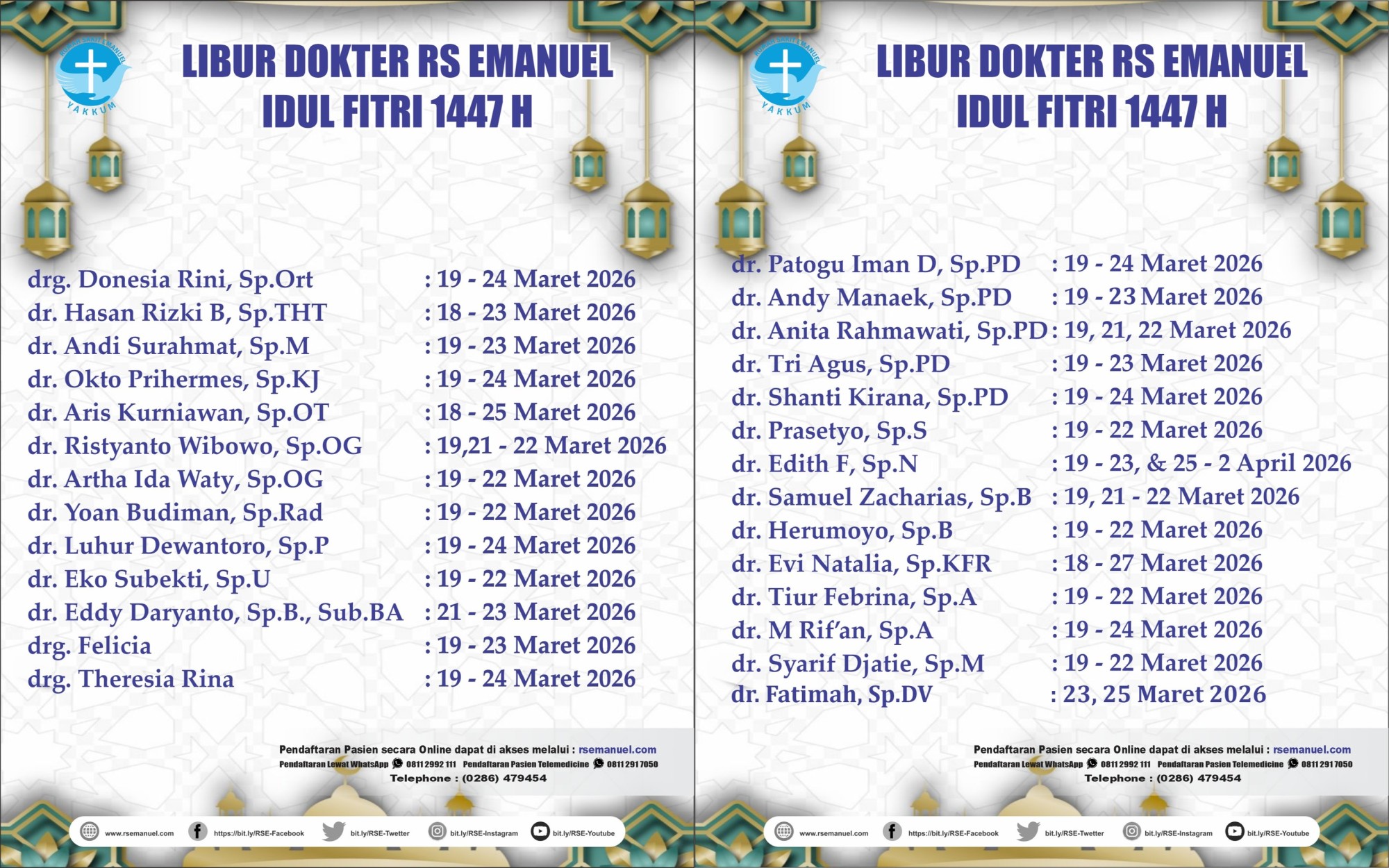Informasi Jadwal Cuti Lebaran Dokter Spesialis Rumah Sakit Emanuel